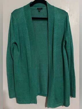 Talbots 100% Linen Cardigan Green Open Front Lightweight Preppy Classic